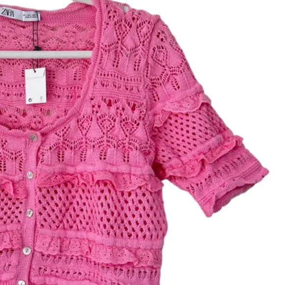 NEW ZARA Pink Cotton Knit Crochet Crop Top: Cottagecore Cardigan - Picture 11 of 16